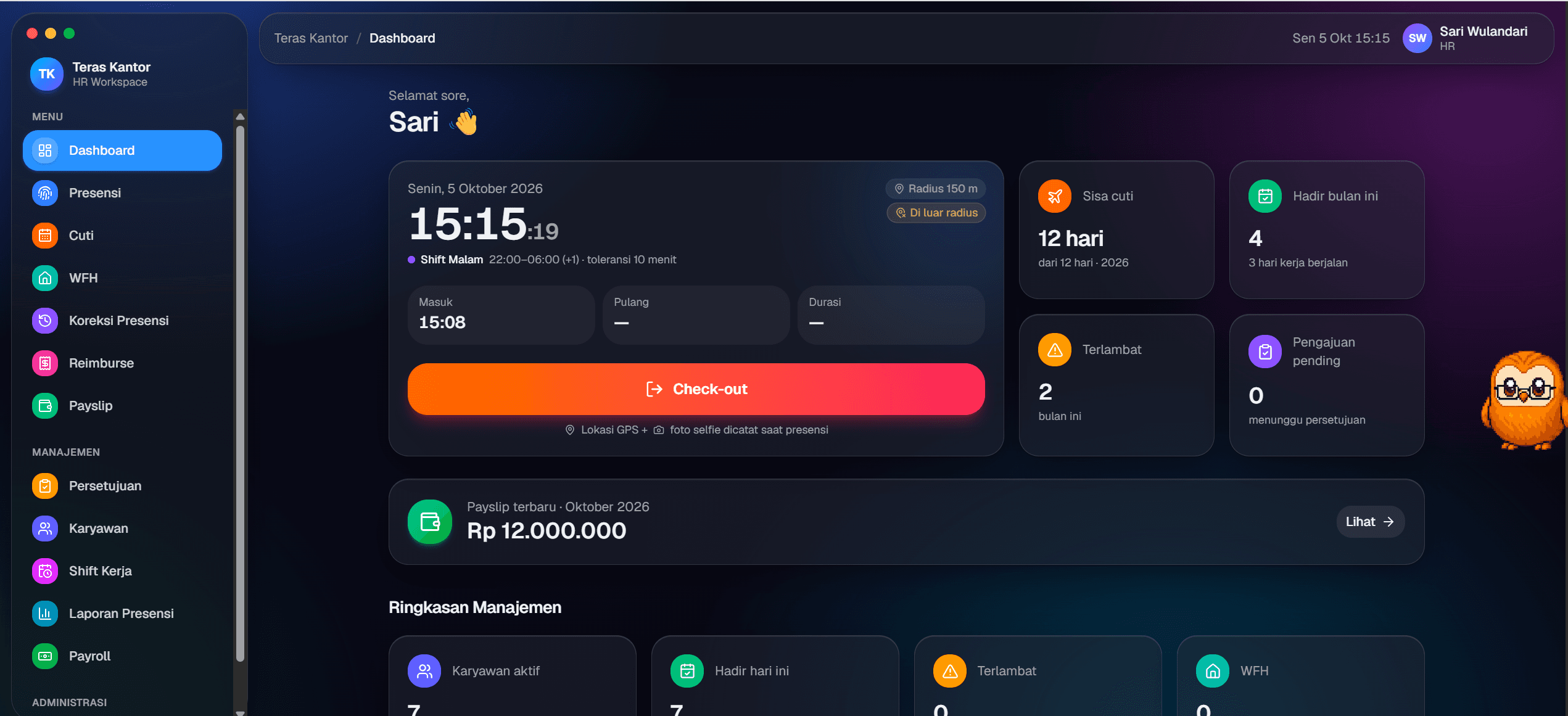 Preview dashboard Teras Kantor dengan presensi, cuti, payslip dan ringkasan manajemen